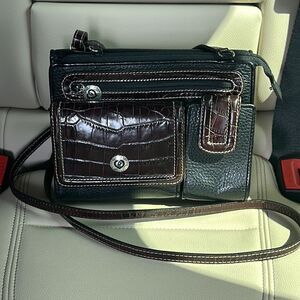 VTG Brighton Black Brown Leather Multi Pkt. Crossbody Bag Organizer Wallet Purse